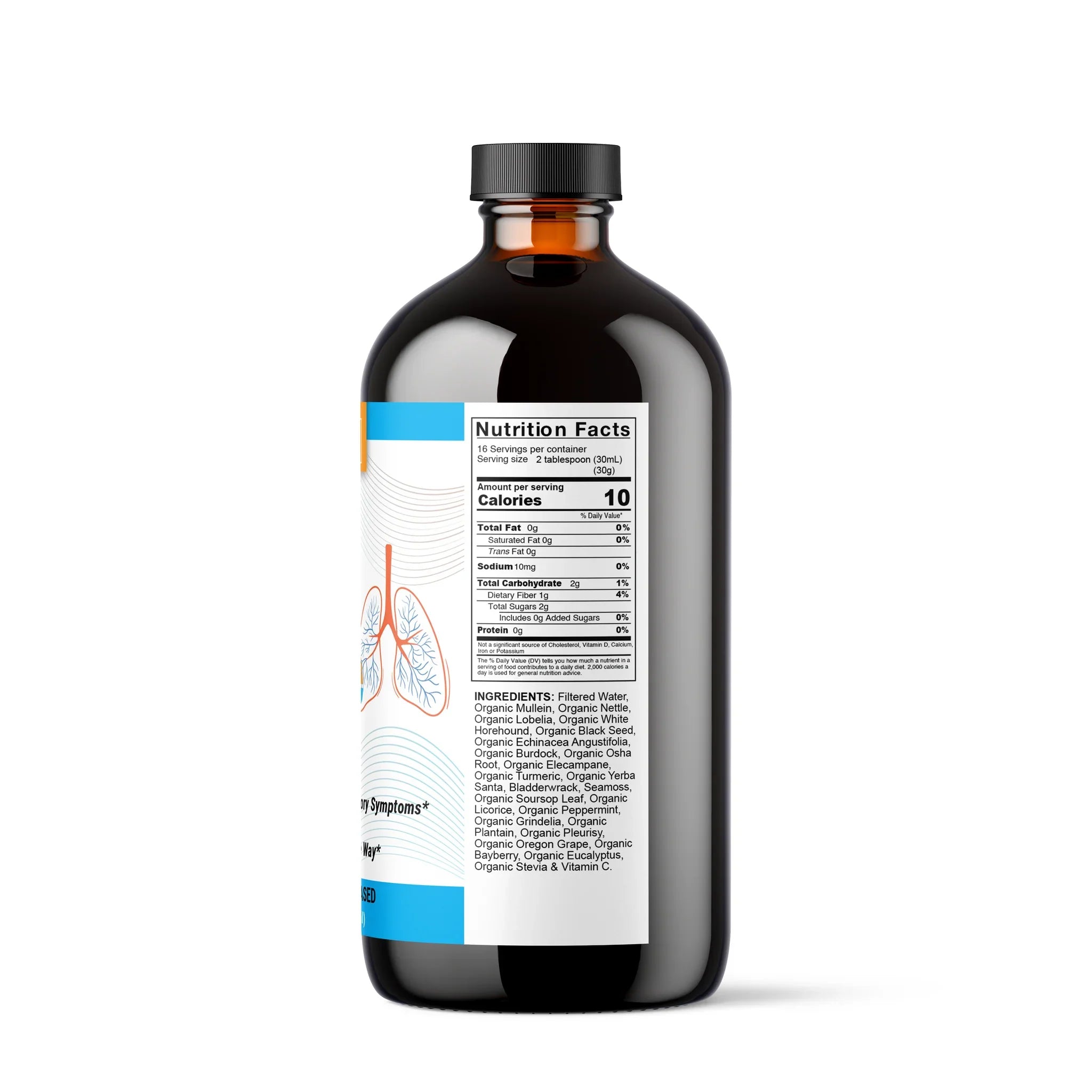 Organic vegan herbal respiratory support tonic by VeggieVerve, Lung & Breathing Cleanse supplement in a glass bottle.