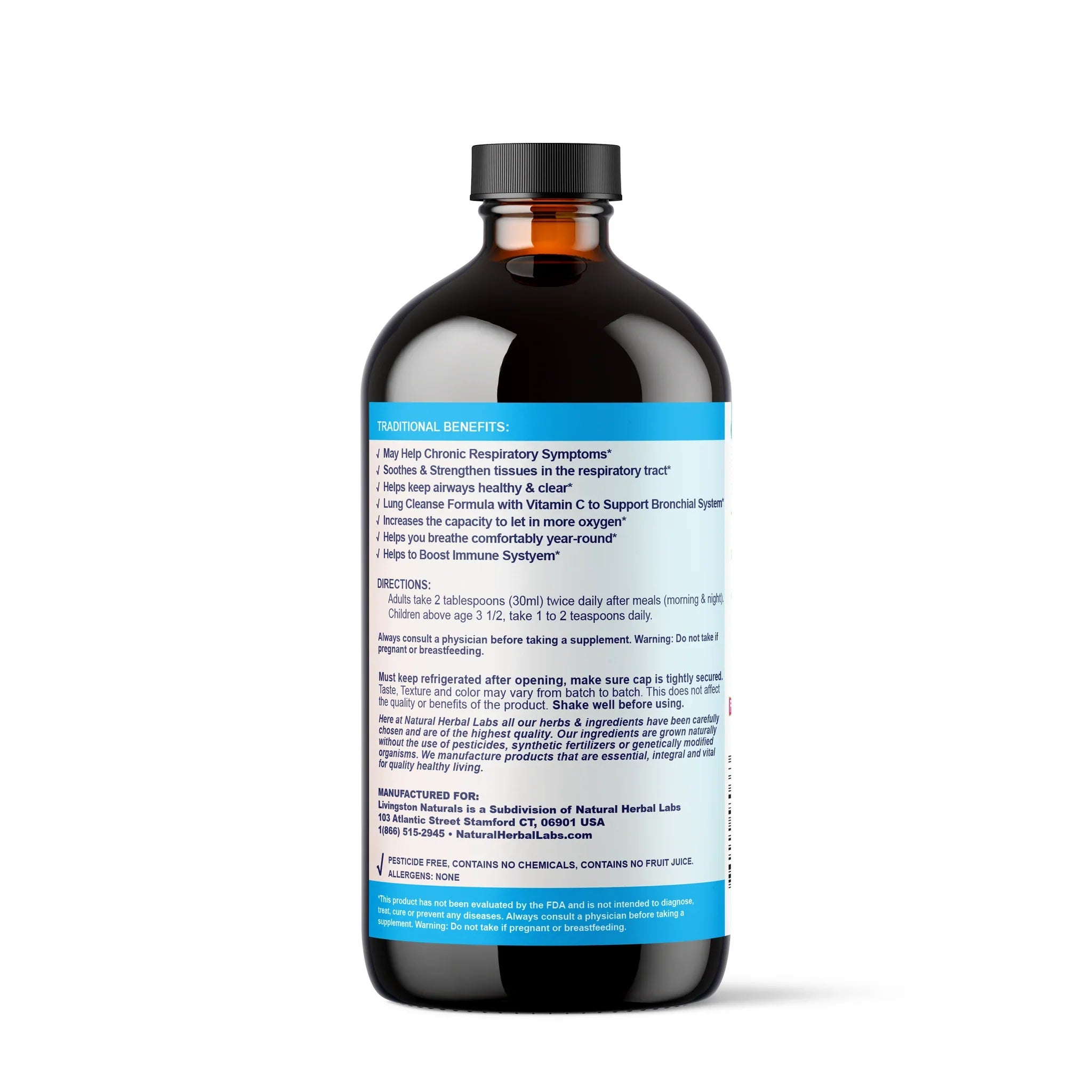 Vegan herbal respiratory support tonic by VeggieVerve with lung and breathing cleanse ingredients in a glass bottle.