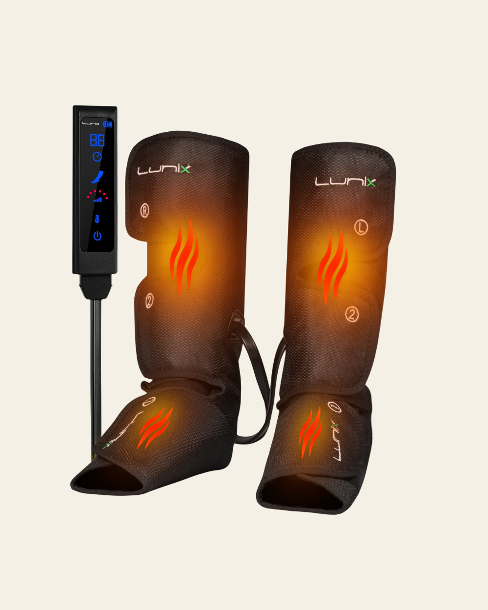 Lunix LX1 foot and calf compression massager in charcoal black, showing the device wrapped around a leg for relaxation therapy.