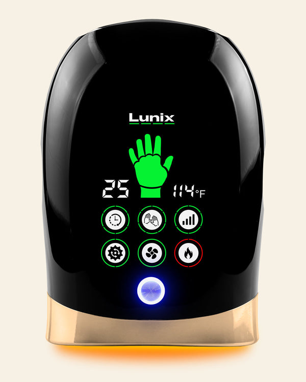 Lunix LX30 rolling hand massager in charcoal black with kneading, compression, heat, and cooling fan features.