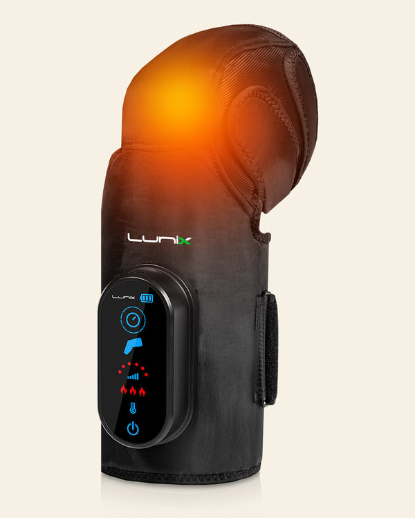 Lunix LX4 Knee Massager in charcoal black, showing the ergonomic design and adjustable straps for targeted knee relief.