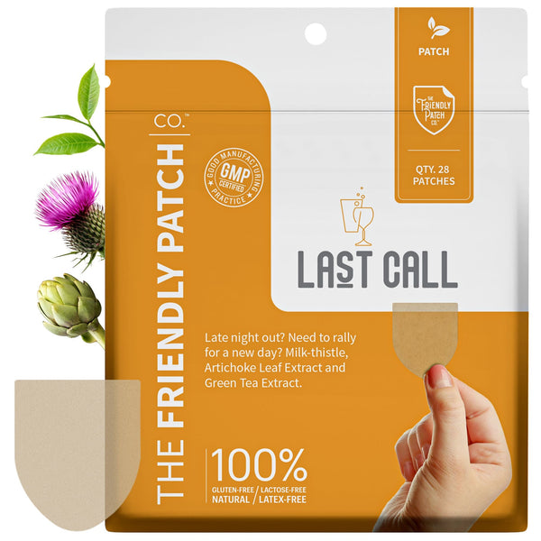Last Call high-potency DHM and milk thistle recovery patches by Friendly Patch Co, 28-pack of wearable skin supplement patches.
