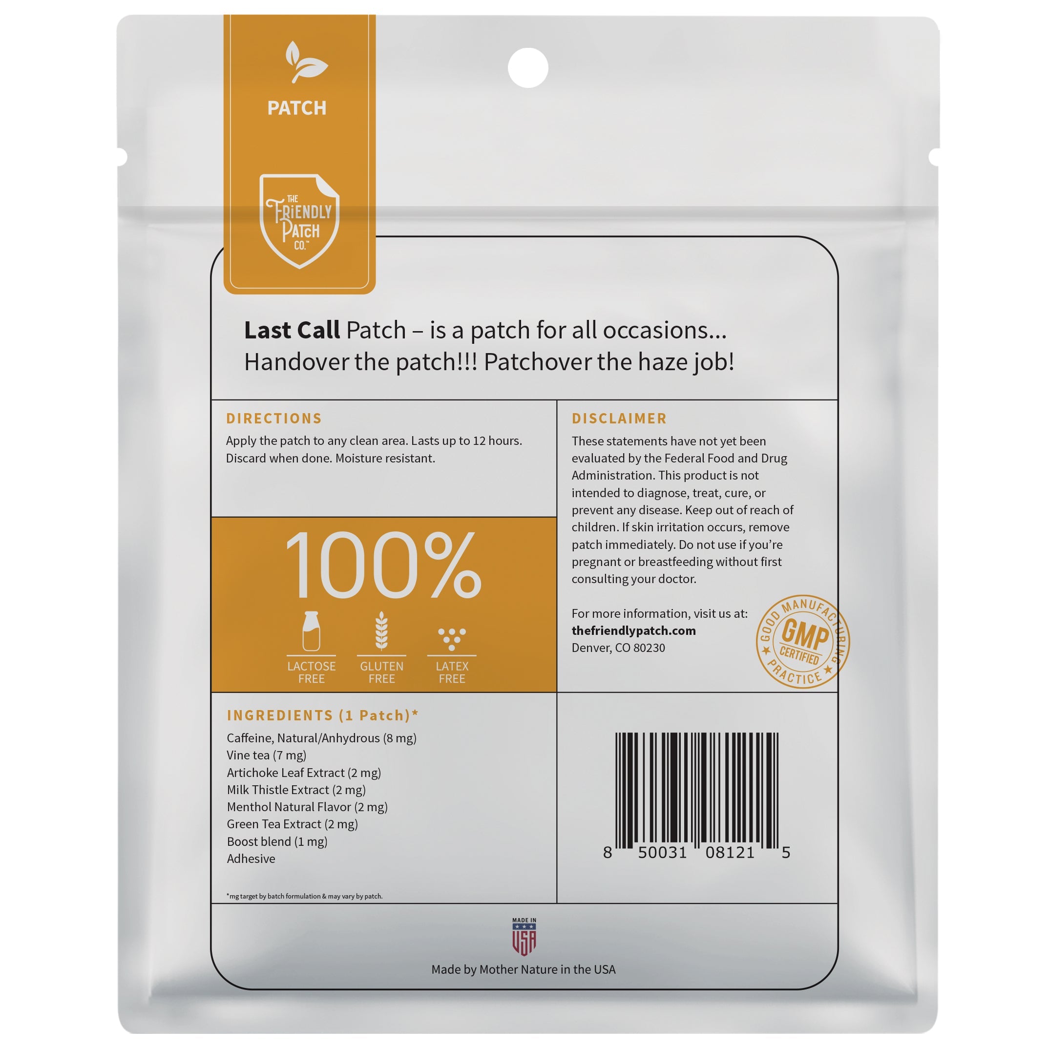 Back view of Friendly Patch Co's Last Call wearable skin supplement patches, designed for 28-day high-potency DHM and milk thistle recovery.