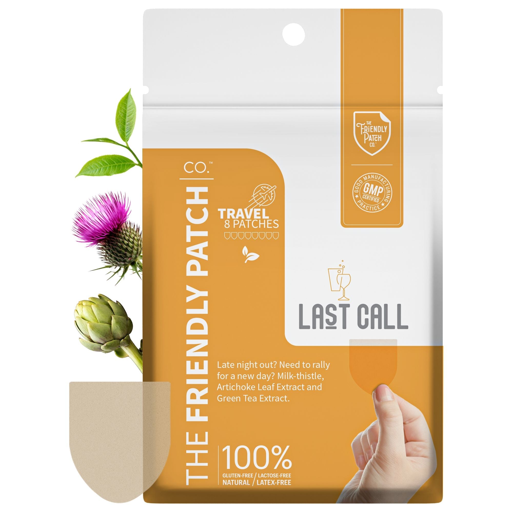 Eight Last Call Patches from Friendly Patch Co for hangover recovery, featuring DHM and milk thistle, wearable skin supplement patches.