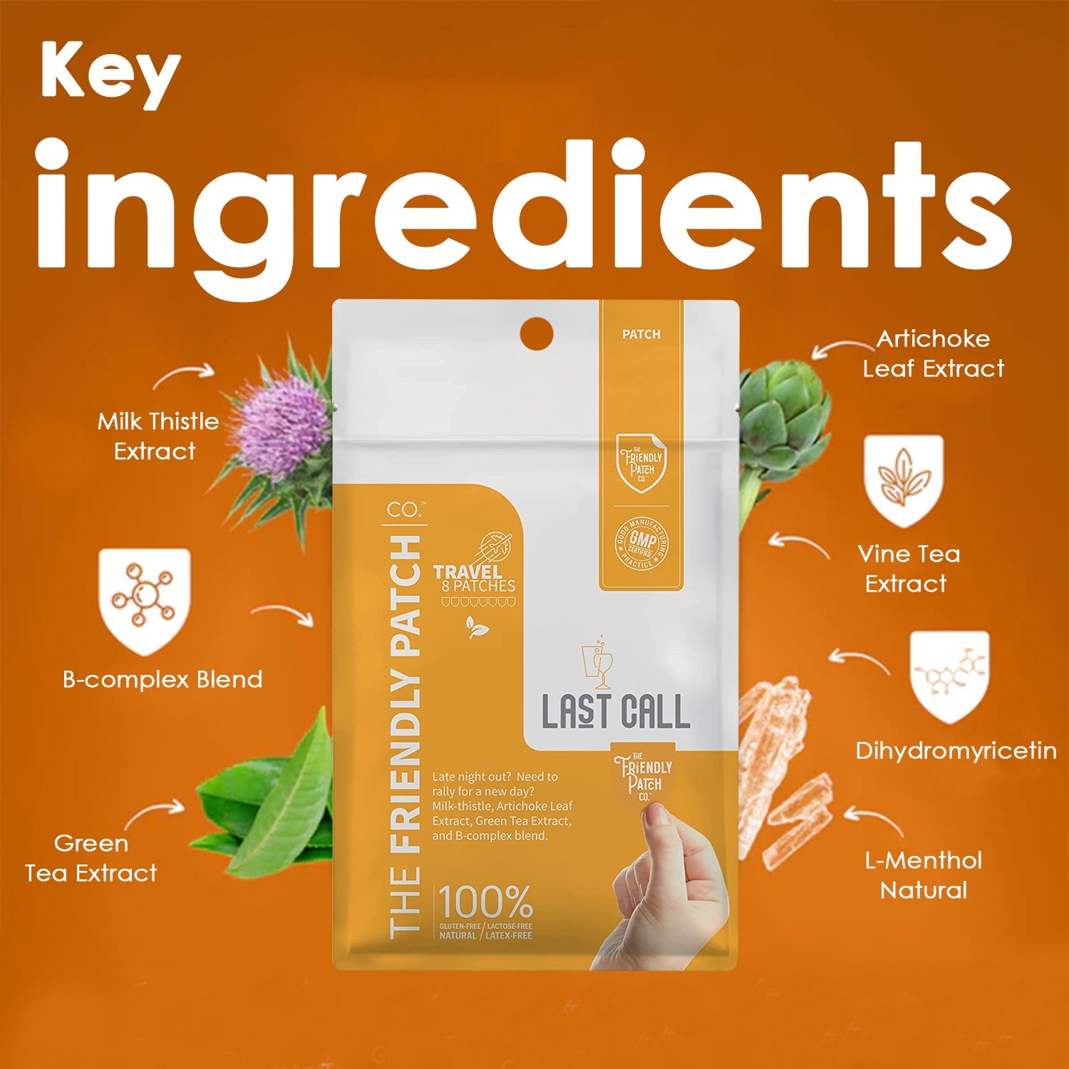 Last Call Patches from Friendly Patch Co, 8 wearable skin supplement patches with DHM and milk thistle for hangover recovery.