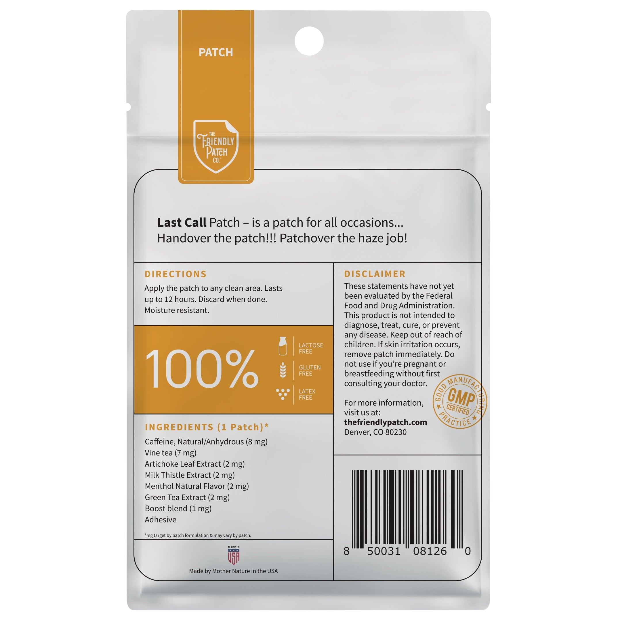 Back view of Last Call Patches by Friendly Patch Co, wearable skin supplement for hangover recovery, showing 8 patches for late-night travel.