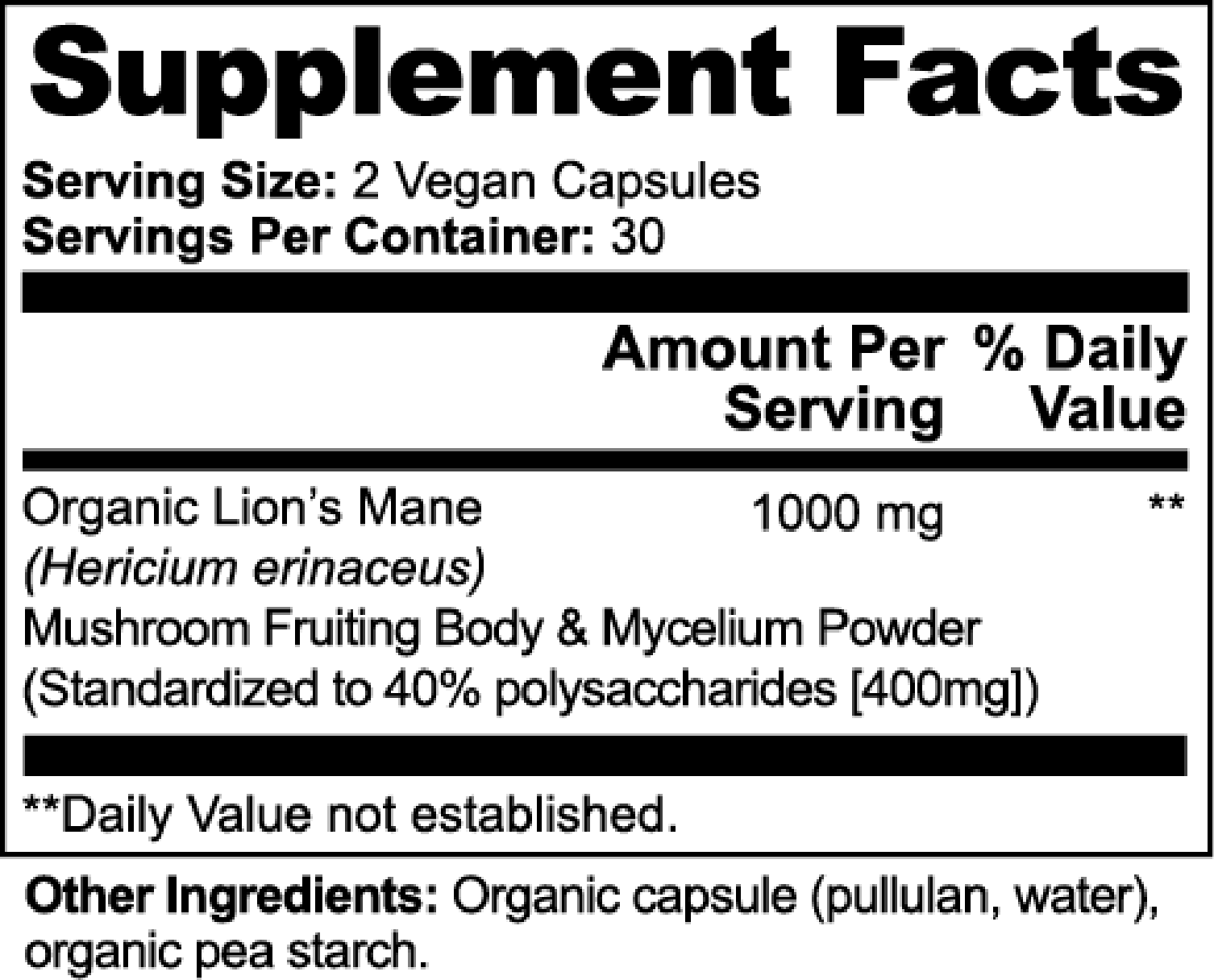 Close-up of Midwest Method Lion's Mane Mushroom supplement facts label showing nutritional information and product details.