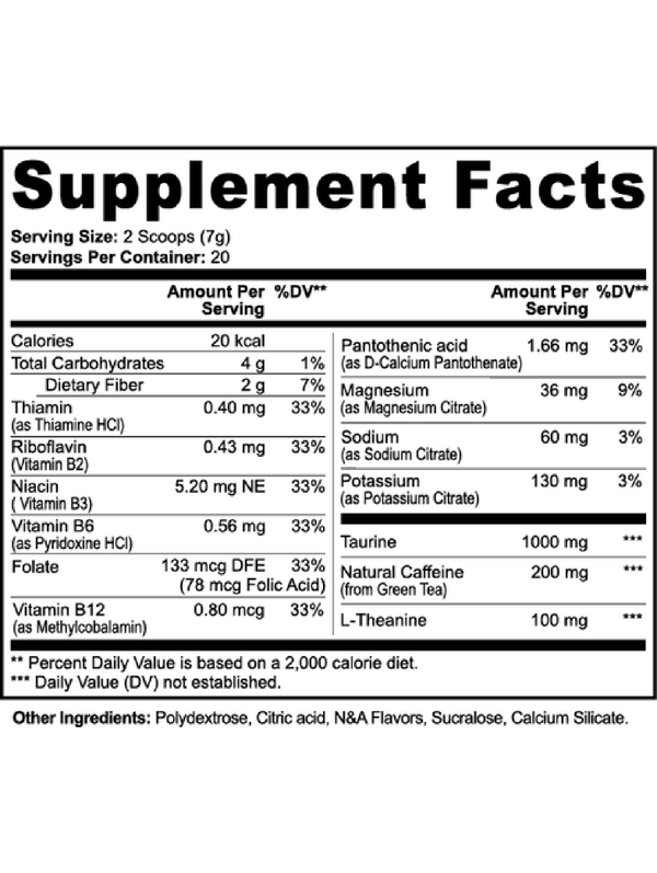 Midwest Method Lychee Splash Energy Powder pre-workout supplement with lychee flavor and supplement facts label.