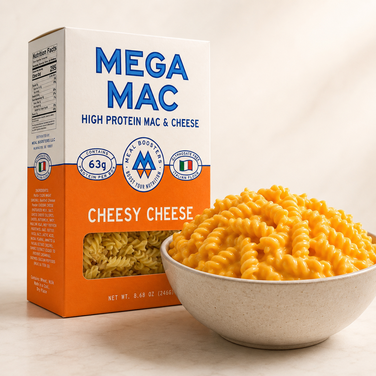 Creamy Mega Mac protein mac and cheese in a bowl, made with Meal Boosters protein powder, showcasing a delicious, cheesy meal.