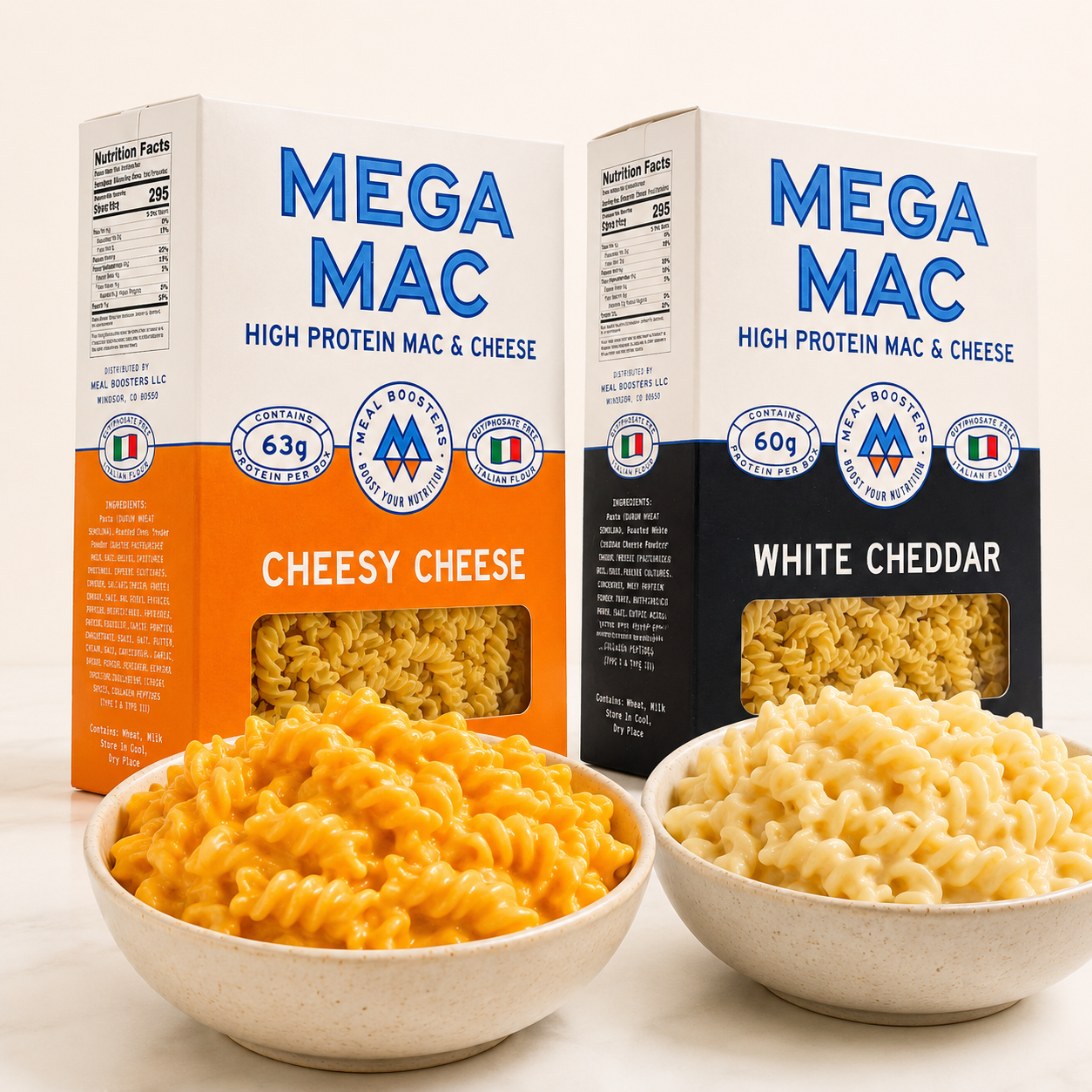 Meal Boosters Mega Mac Protein Powder container with label, showcasing the protein Mac and Cheese flavor product.