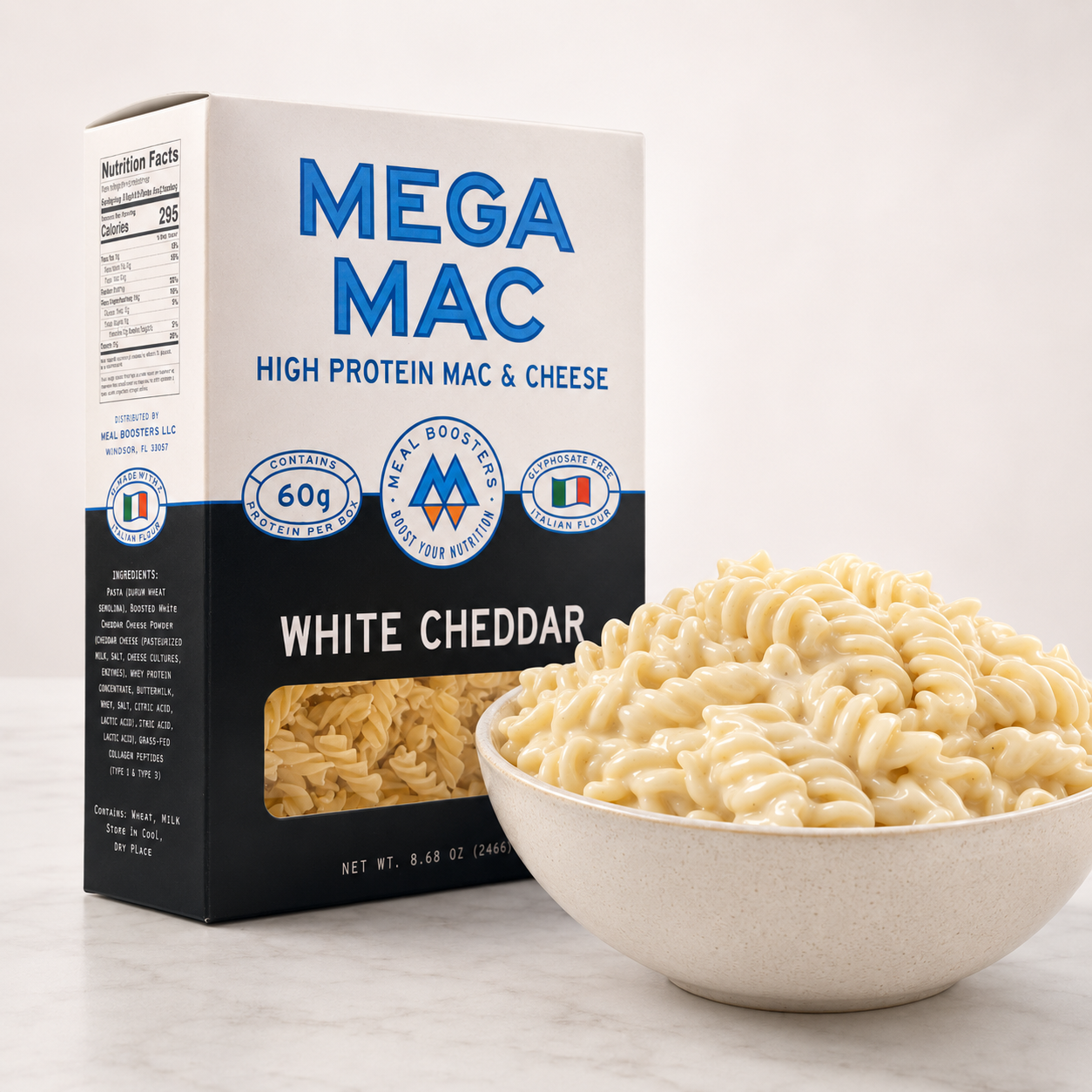 Meal Boosters Mega Mac Protein Powder container for protein mac and cheese, featuring vibrant packaging and product branding.