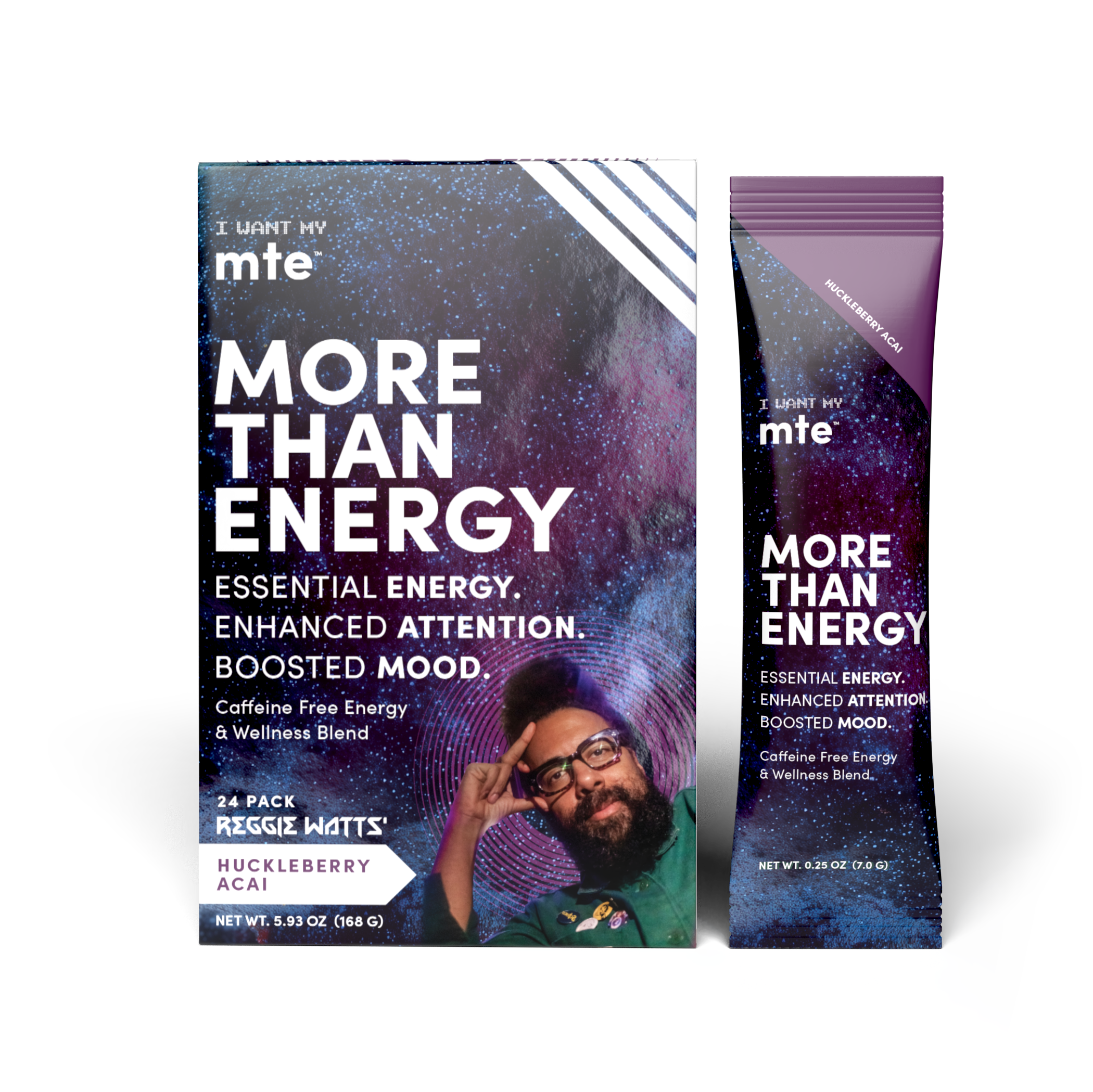 GetMTE More Than Energy powder in a box with stick packs, highlighting an energizing supplement for quick, convenient use.