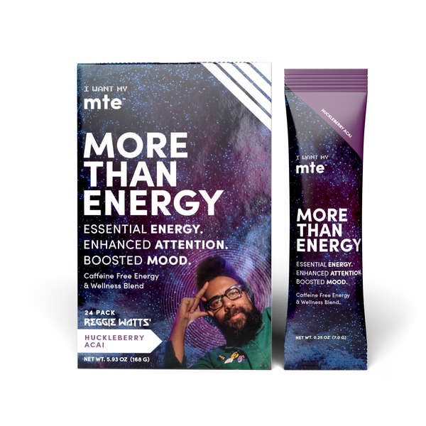 GetMTE More Than Energy daily energy drink powder box with individual stick packs, orange and black packaging, and branding.