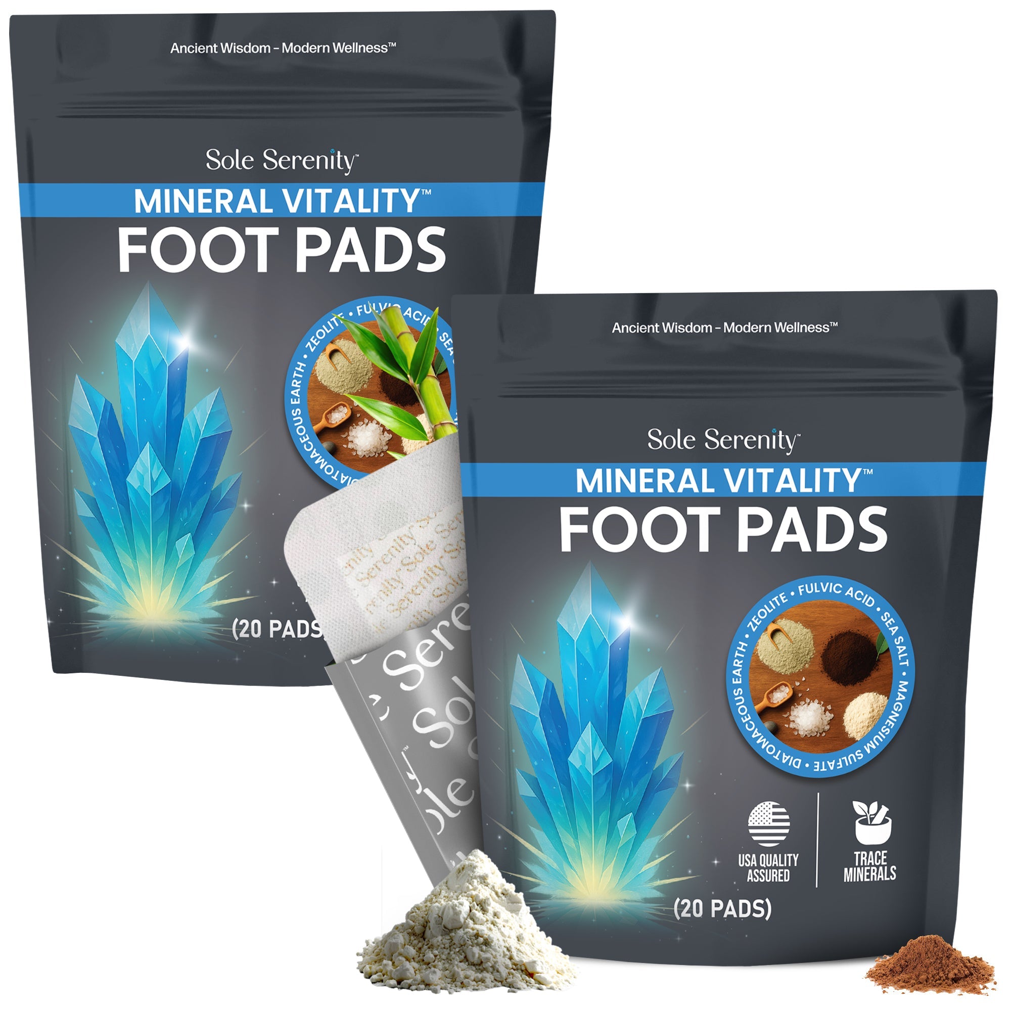 Lure Essentials Mineral Vitality Detox Foot Pads with fulvic acid, sea salt, and magnesium applied to the soles of the feet.