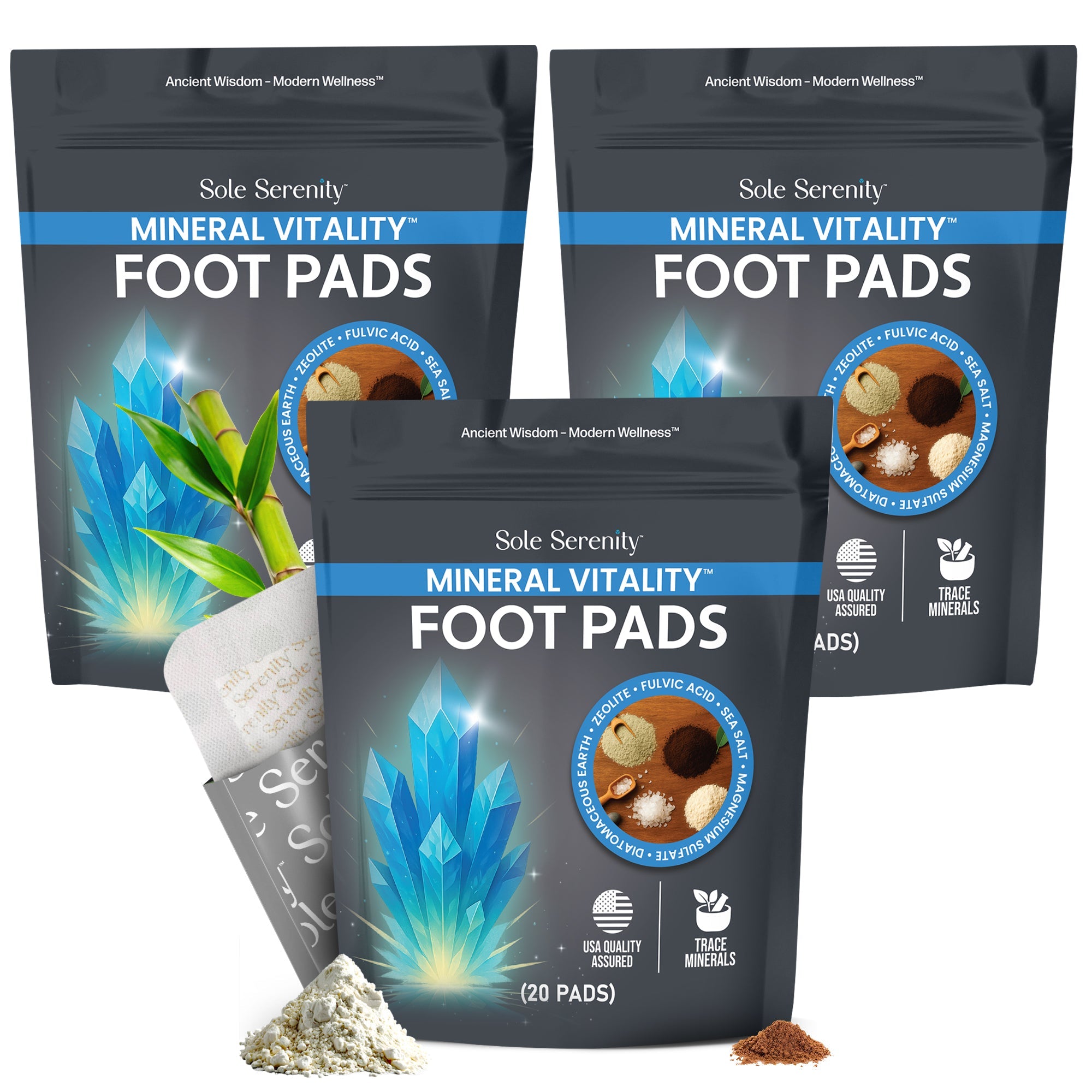 Lure Essentials Mineral Vitality Detox Foot Pads with fulvic acid, sea salt, and magnesium, showing three packs of adhesive foot pads on skin