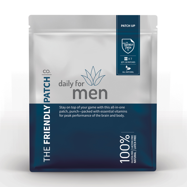 Transdermal men's vitamin patch by Friendly Patch Co, showing a 12-hour daily support patch for nutritional health.