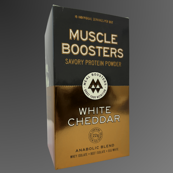 White cheddar flavored organic whey protein isolate single-serve packs in a Muscle Boosters box, ideal for muscle recovery and nutrition.
