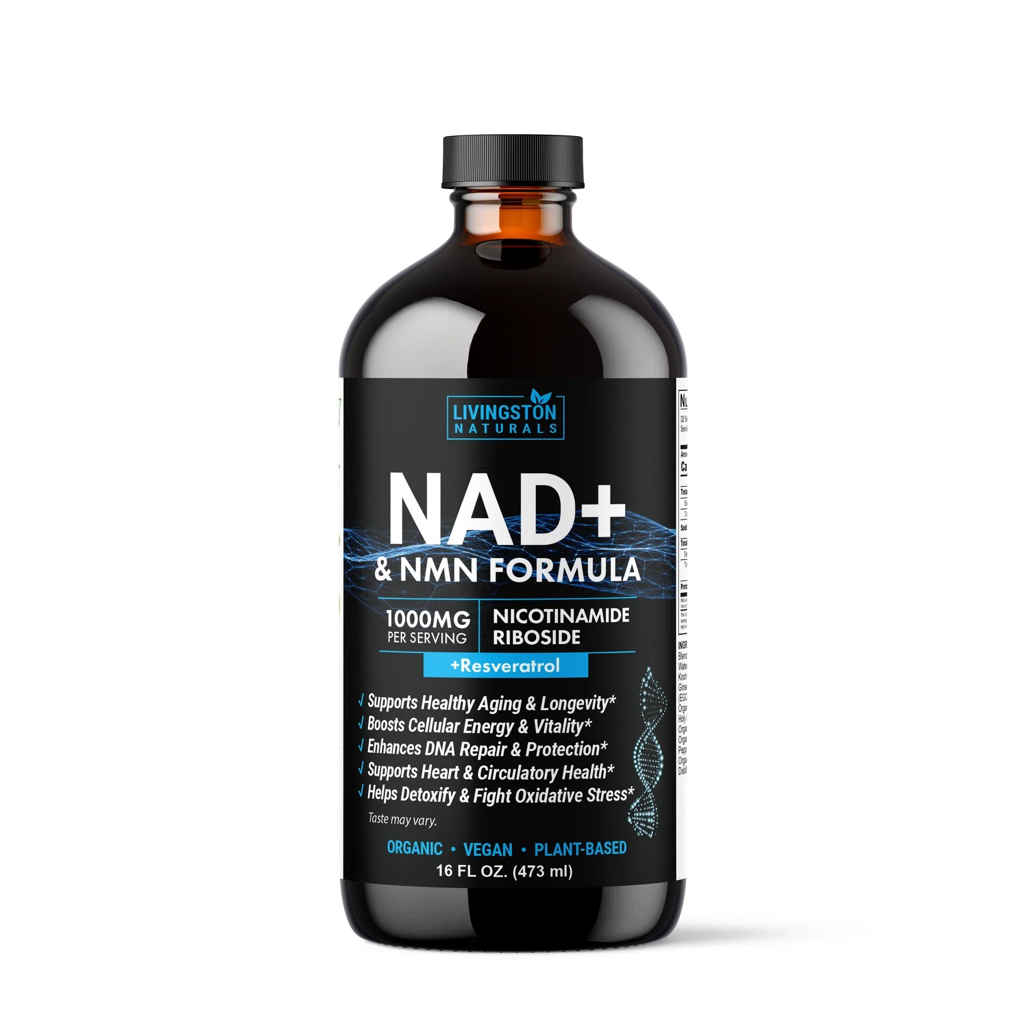 Bottle of VeggieVerve NAD+ & NMN Cellular Vitality Organic Formula with Resveratrol for anti-aging, displayed on a clean surface.