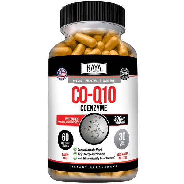 Kaya Naturals CoQ10 supplement bottle with 60 softgel capsules, dietary supplement for energy and antioxidant support.