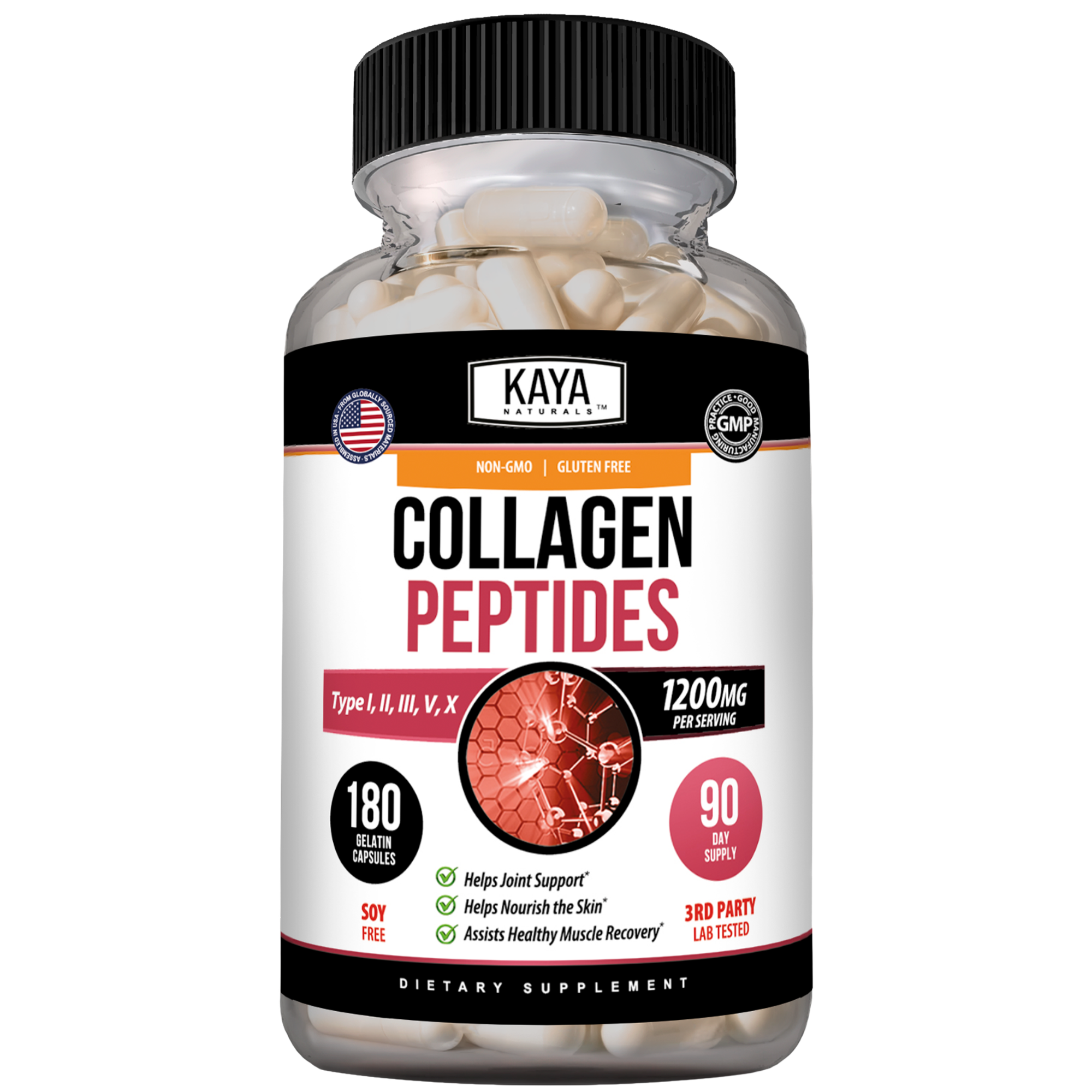 Kaya Naturals collagen peptides supplement with 180-count bottle, featuring powder form in a white container with a label.