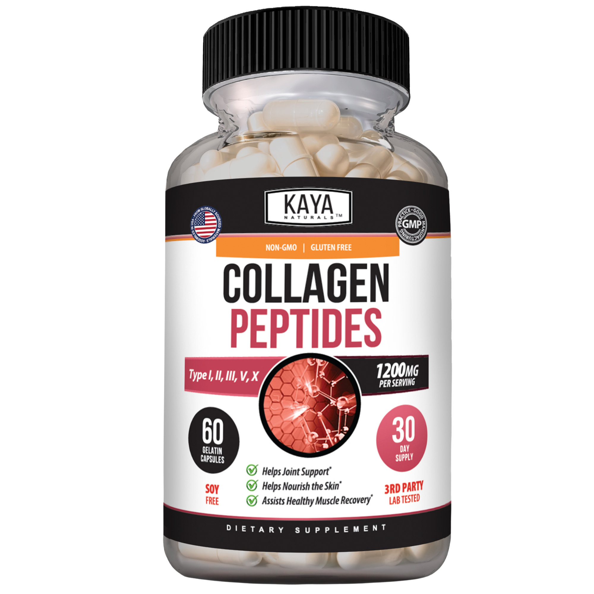 Kaya Naturals Collagen Peptides in a container with 60 servings, showing powder scoops and supplement packaging.