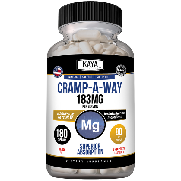Kaya Naturals Cramp-A-Way supplement bottle with label, featuring natural ingredients for muscle cramps relief.