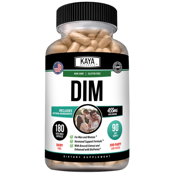 Kaya Naturals DIM hormonal balance support supplement bottle with label, showing dietary supplement for hormone health.