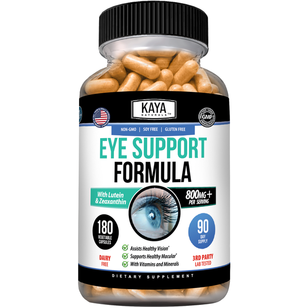 Kaya Naturals Eye Support Formula bottle with 180 capsules, supplement for eye health and vision support