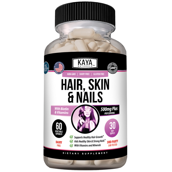 Kaya Naturals Hair, Skin & Nails supplement bottle with 60 capsules, showing the product label and cap on a white background.