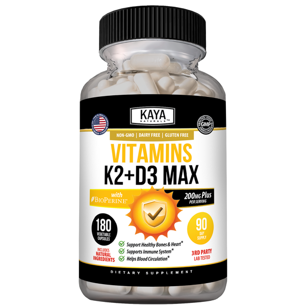 Bottle of Kaya Naturals Vitamin K2 + D3 Max supplement with 180 capsules, featuring the product label on the container.