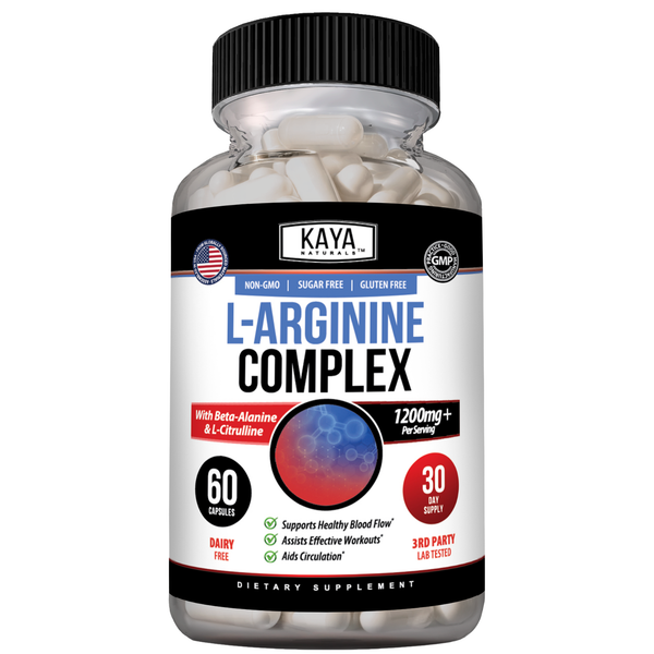 Kaya Naturals L-Arginine supplement bottle with label, showing 60 capsules in a clear container on a white background.
