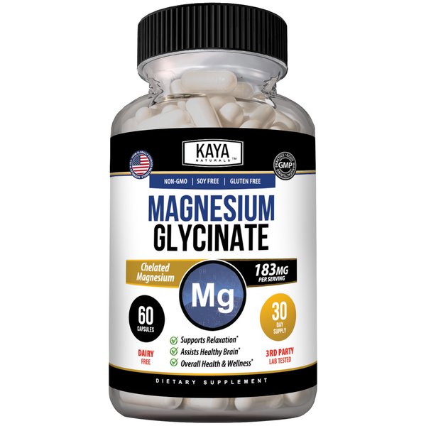 Bottle of Kaya Naturals Magnesium Glycinate capsules with label visible, showcasing the supplement's packaging and branding.