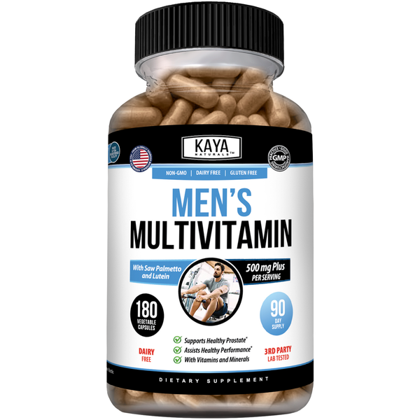 Men’s daily multivitamin bottle from Kaya Naturals showing colorful capsules and label with health benefits.