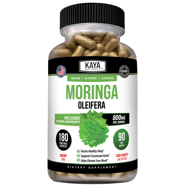 Bottle of Kaya Naturals Moringa capsules with 180 count, showing the supplement packaging and label details.