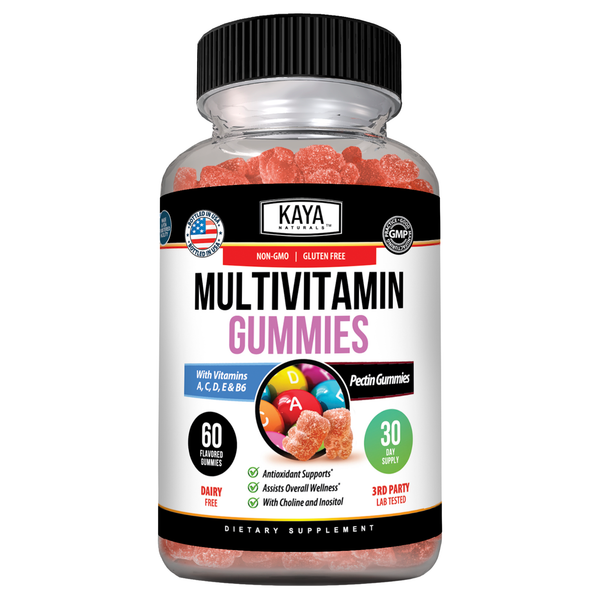 Kaya Naturals daily multivitamin gummies in a bottle, showing colorful fruit-flavored gummy vitamins for daily health support.