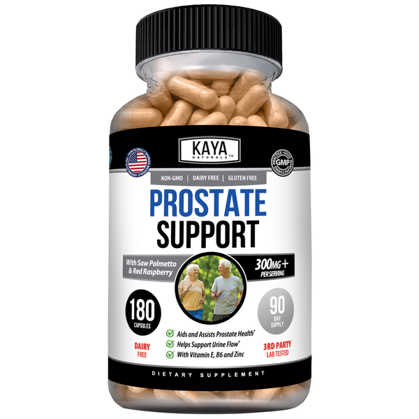 Kaya Naturals Prostate Support supplement bottle with label, showing capsules and product branding.