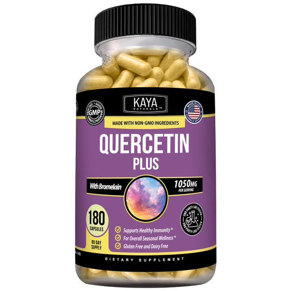 Bottle of Kaya Naturals Quercetin Plus dietary supplement with 180 capsules on a clean white background.