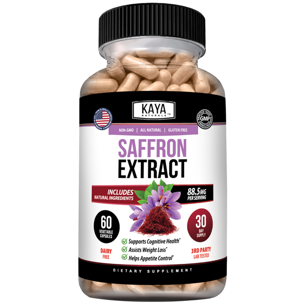 Bright image of Kaya Naturals saffron extract bottle with saffron threads and label, highlighting natural herbal supplement.