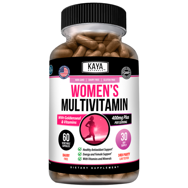 Bottle of Kaya Naturals Women's Daily Multivitamins with 60 softgel capsules, showing the multivitamin supplement for women.