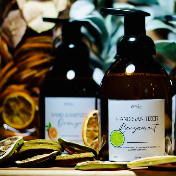 Natural organic foaming hand sanitizer in a 16oz bottle with orange, peppermint, and bergamot from Restalgic Atelier.