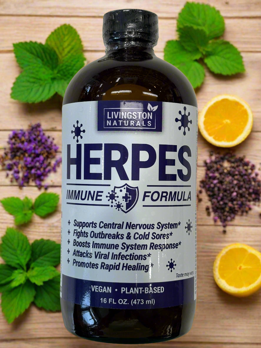 Natural Herpes Immune Support Formula by Livingston Naturals in a 16 fl oz bottle, designed to boost immune health naturally.