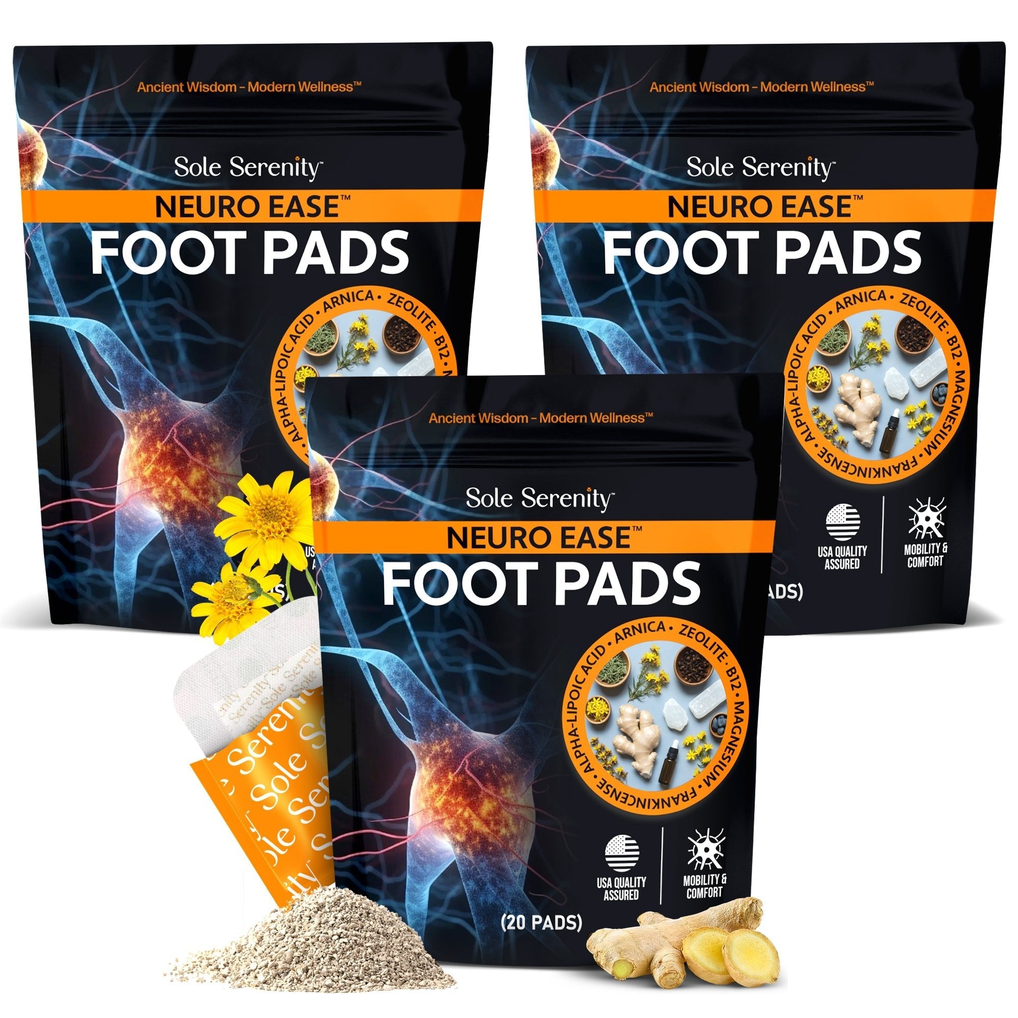 Three packs of Lure Essentials NeuroCare foot pads designed to support nerve discomfort and neuropathy relief.