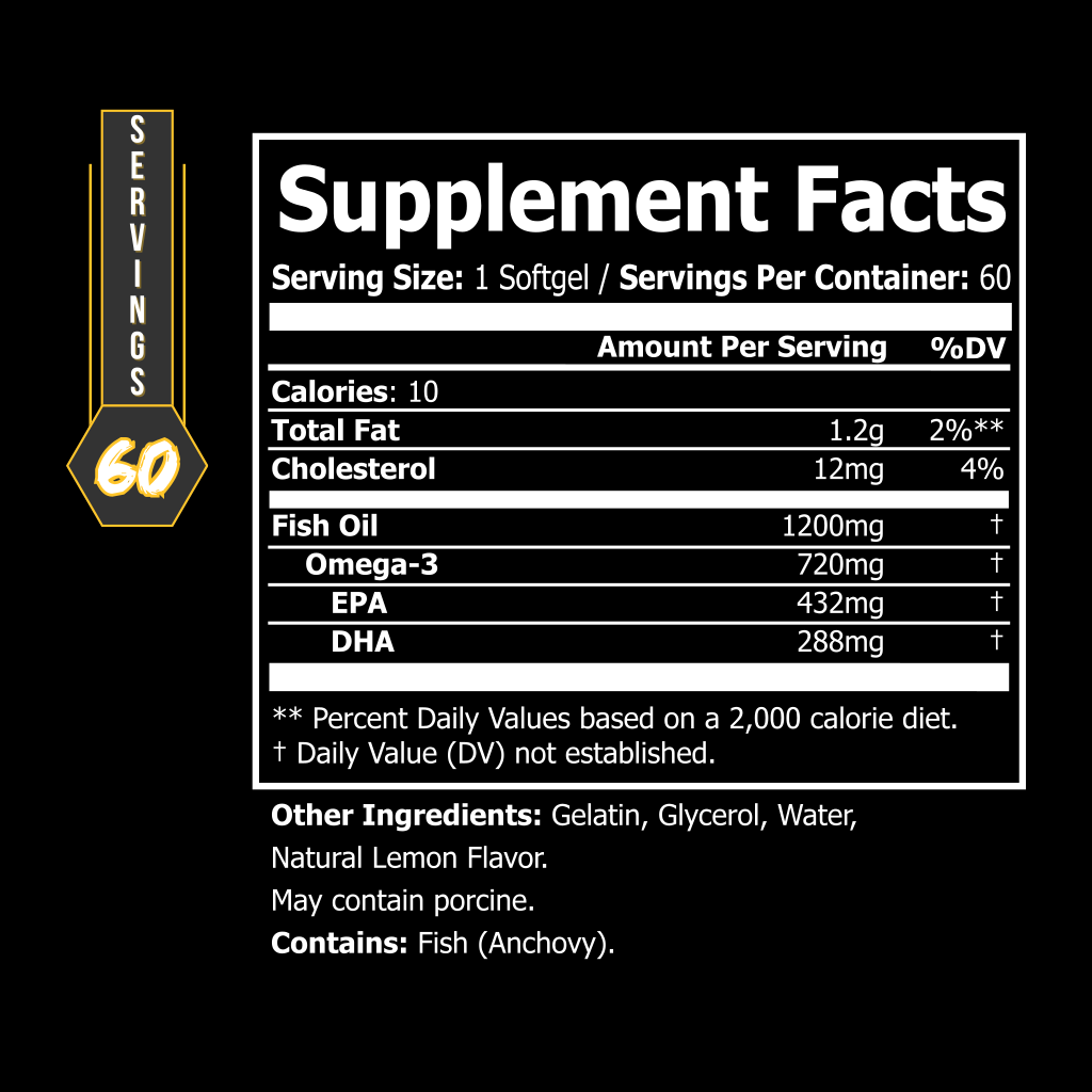 Blacklabel Supplements Omega 3 fish oil capsules in a bottle, showing their golden softgel form for heart health and wellness.