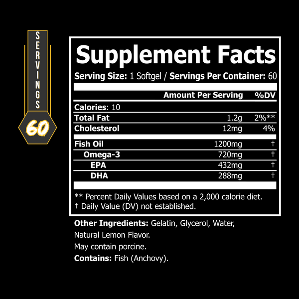 Blacklabel Supplements Omega 3 fish oil capsules in a bottle, showing their golden softgel form for heart health and wellness.