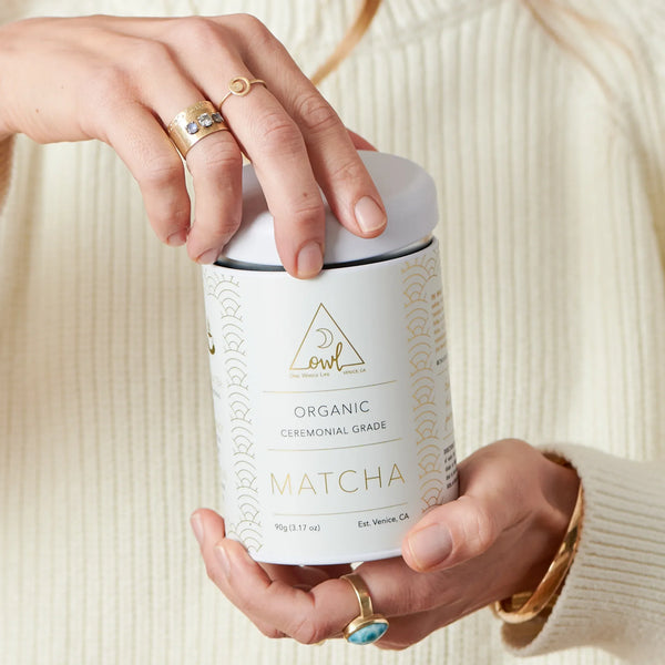 Organic Matcha powder by OWL Venice, vibrant green tea powder in a resealable bag, suitable for beverages and cooking.