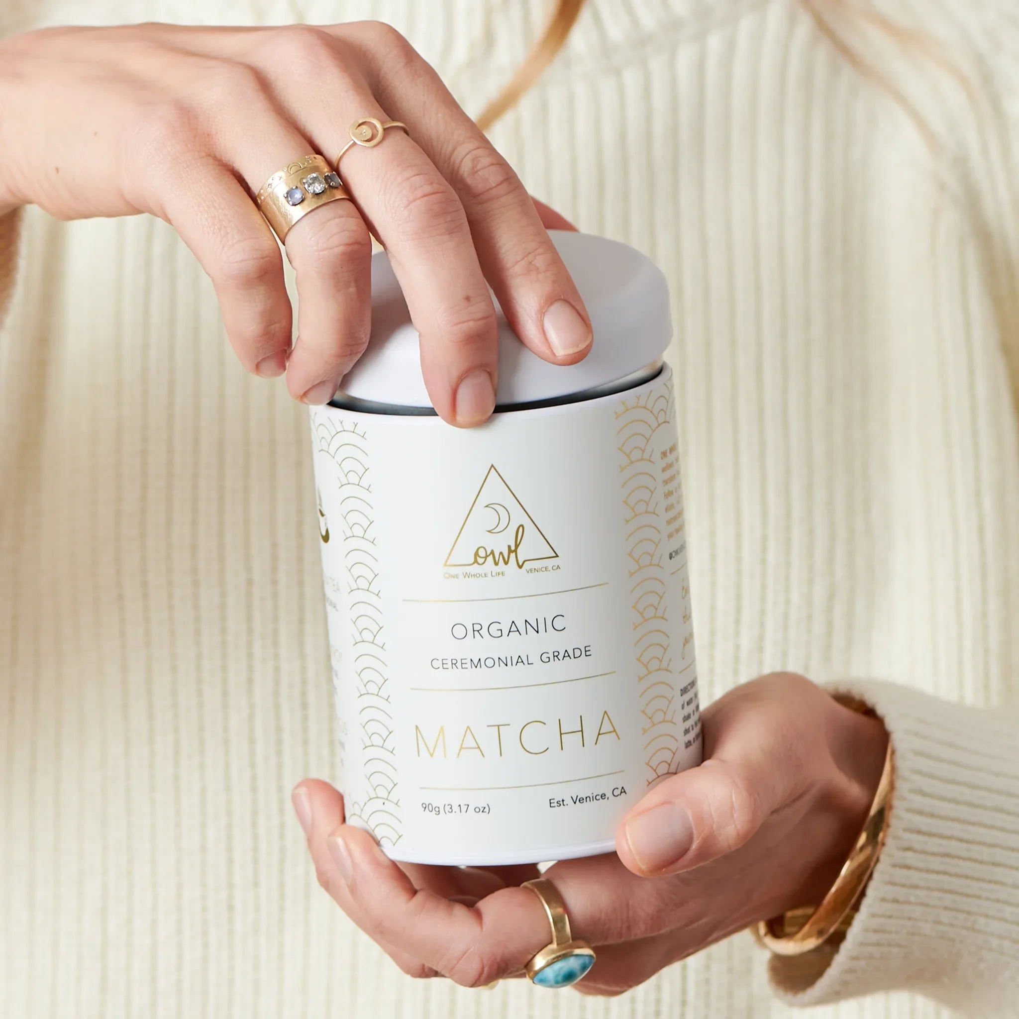 Organic matcha powder from OWL Venice, ideal for 30-day coffee detox cleanses, shown in a resealable bag.