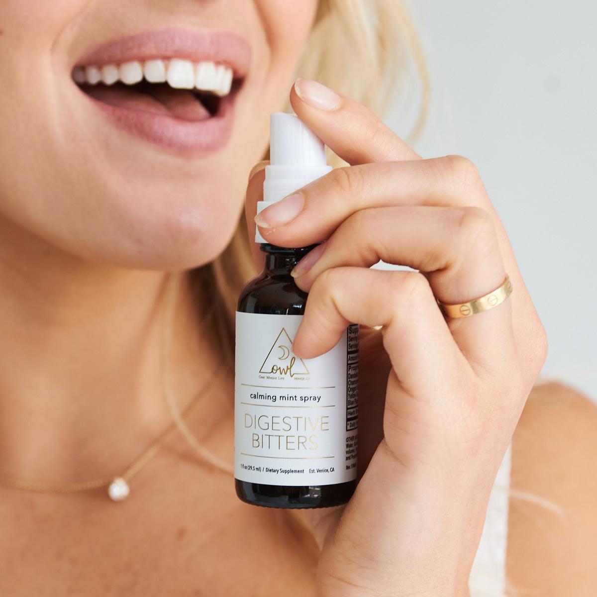 OWL Venice Digestive Bitters supplement bottle with label, natural herbal ingredients, and dropper cap visible.