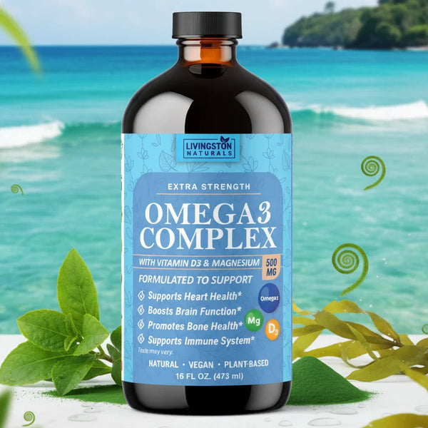 VeggieVerve Omega-3 Extra Strength Vegan Complex supplement bottle with Vitamin D3 and Magnesium capsules.