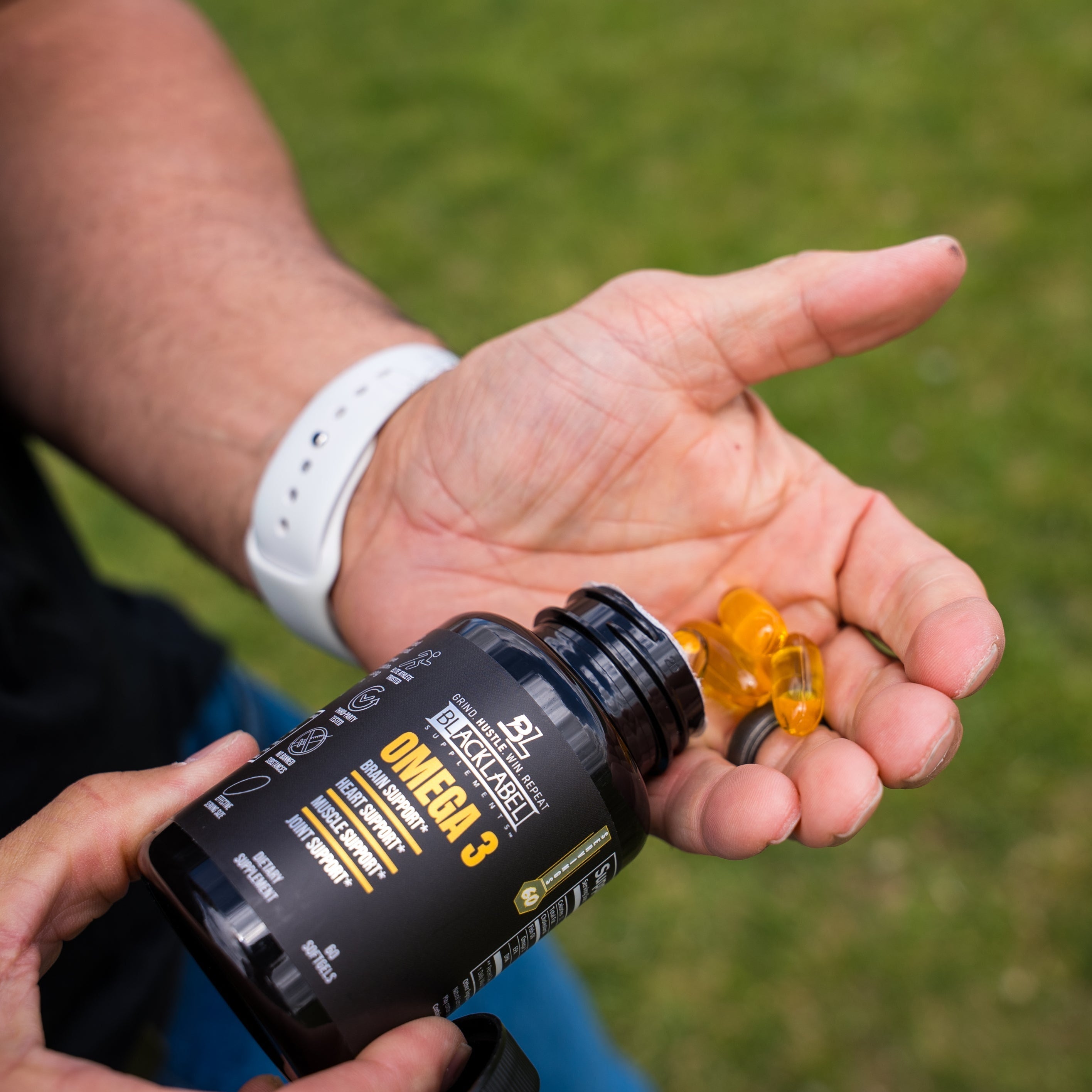 Blacklabel Supplements Omega 3 supplement bottle with capsules, highlighting the omega-3 supplement for healthy fats.