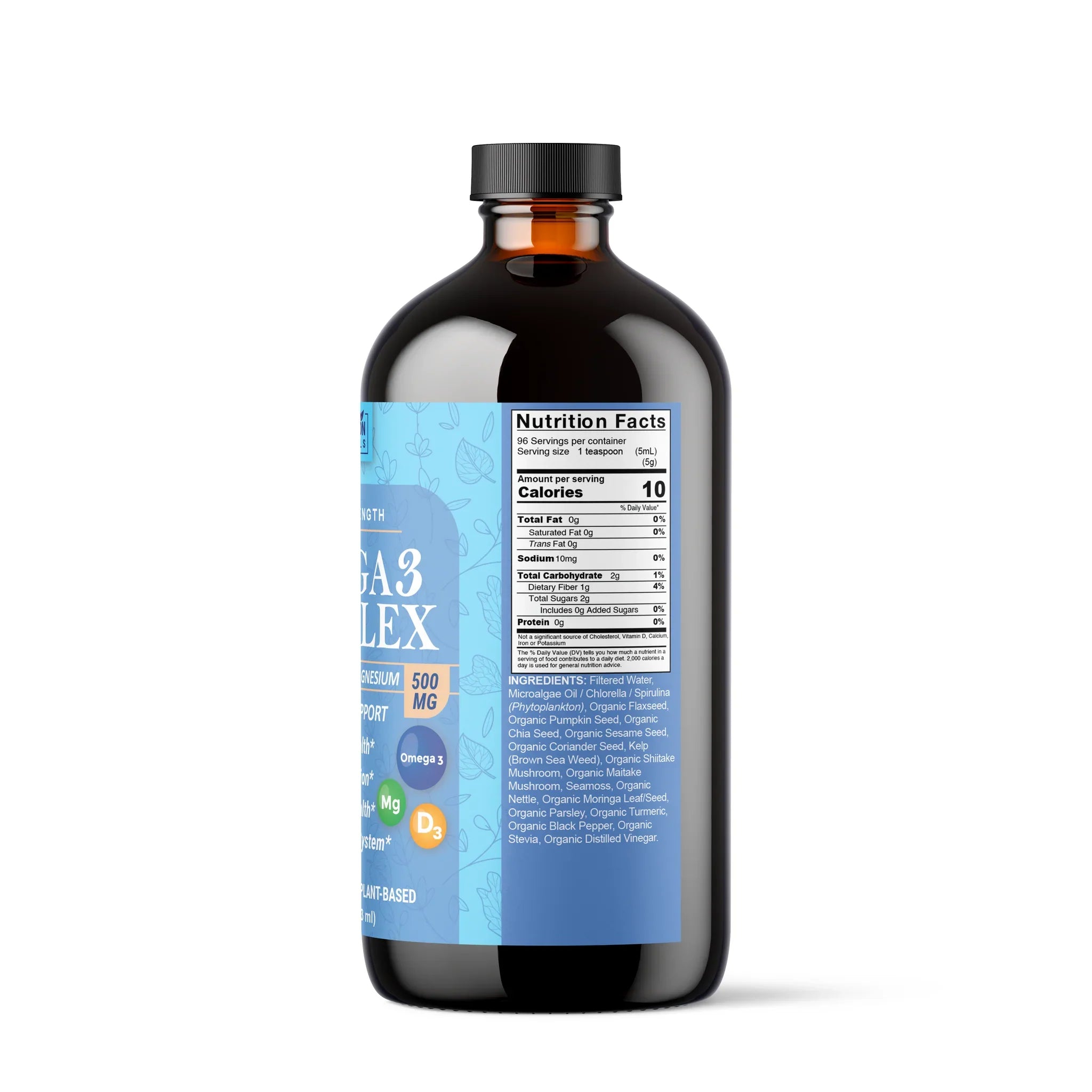 Vegan Omega-3 supplement by VeggieVerve with Vitamin D3 and Magnesium, featuring softgel capsules on a white background.